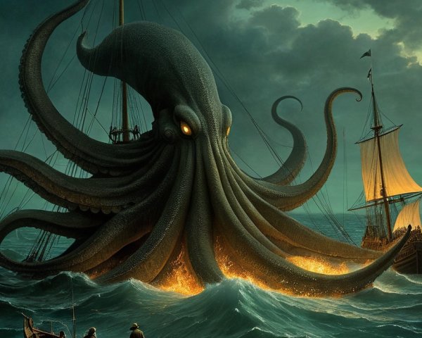 Giant Kraken Attacking Ship in Stormy Sea Scene