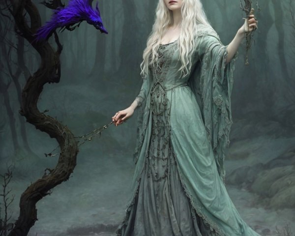 Serene figure in misty forest with glowing staff and raven