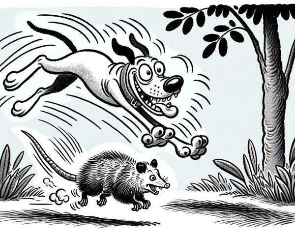 Playful Dog Chasing Opossum in Forest Setting