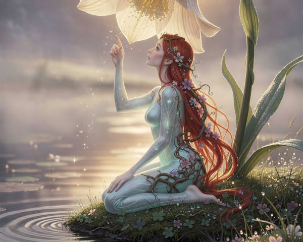 Nymph-like woman with red hair on a grassy island