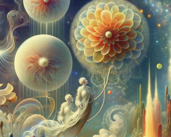 Ethereal Figures in a Dreamlike Floral Landscape