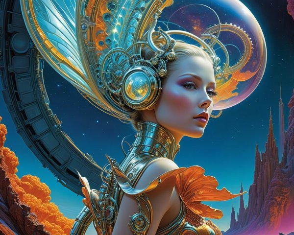 Futuristic woman with metallic accessories in cosmic setting