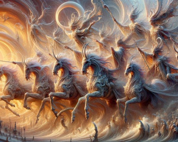 Surreal Scene of Ethereal Figures on Luminous Unicorns