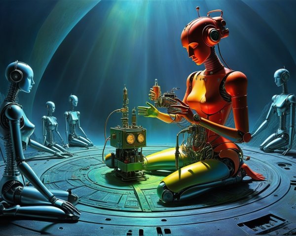 Humanoid Robot Assembling Machinery in Futuristic Setting