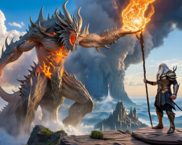 Colossal Creature and Wizard in Epic Fantasy Scene