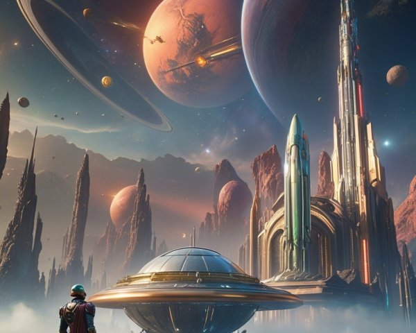 Futuristic Cityscape with Cosmic Sky and Planets