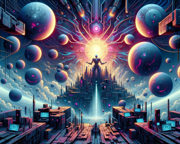 Surreal Cosmic Landscape with Pyramid and Vibrant Planets