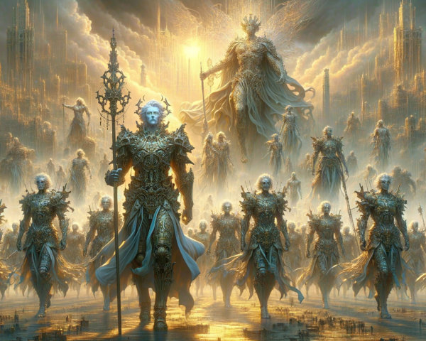 Ethereal Figures in Armor in Golden Landscape