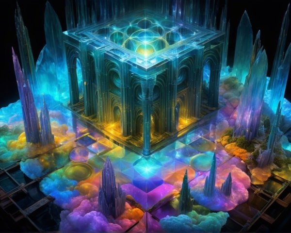 Ethereal Landscape with Crystalline Structure and Clouds