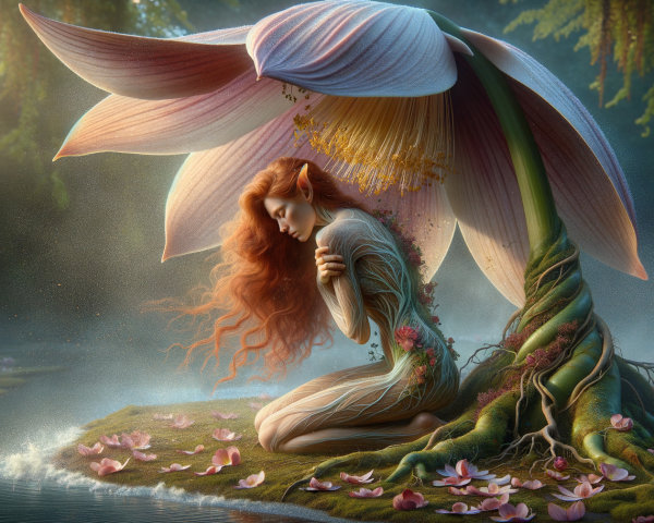 Mystical Fairy by Tranquil River Under Lotus Flower