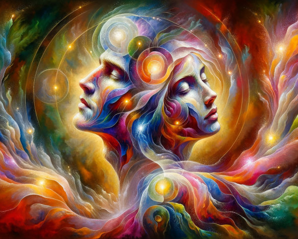 Intertwined Faces with Vibrant Colors and Patterns
