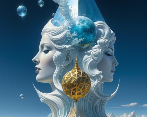 Surreal Landscape with Merging Faces and Crystalline Form