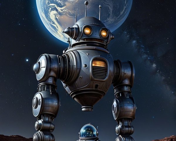 Futuristic Robot and Astronaut in Desolate Landscape