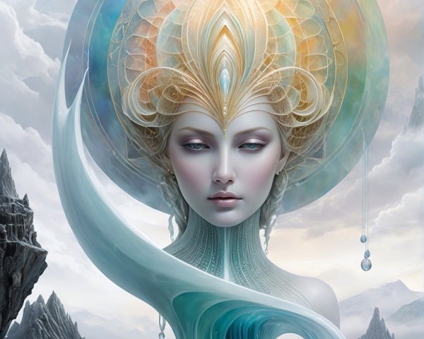 Ethereal Figure Amid Misty Mountains and Clouds