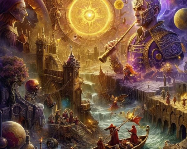 Fantasy Scene with Cosmic Elements and Ancient Architecture