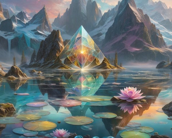 Tranquil Lake Surrounded by Majestic Mountains and Sunset