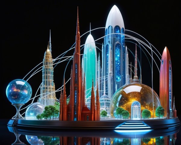 Futuristic Skyline with Skyscrapers and Rockets