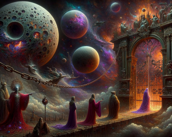 Surreal Cosmic Scene with Grand Archway and Celestial Bodies