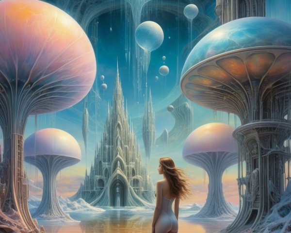 Surreal Landscape with Colorful Mushrooms and Castles
