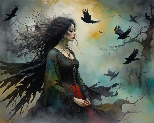 Mystical Figure in Eerie Landscape with Crows