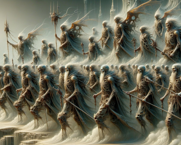 Surreal Scene of Skeletal Figures in Dreamlike Landscape
