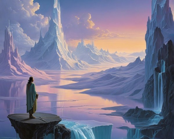 Icy Spires and Waterfalls in a Dusk Landscape