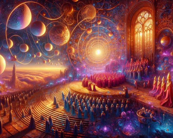 Celestial Hall with Vibrant Colors and Cosmic Spheres