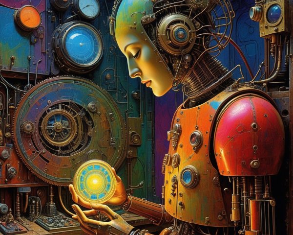 Futuristic humanoid robot in steampunk control room