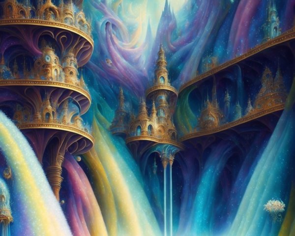 Surreal Landscape with Ethereal Towers and Waterfalls