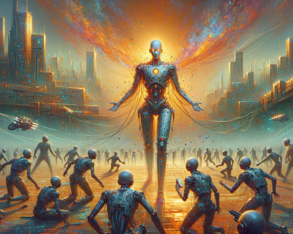 Futuristic Scene with Towering Robot and Androids