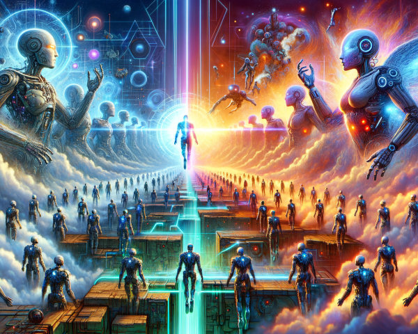 Futuristic Landscape with Humanoid Robots and Energy Themes
