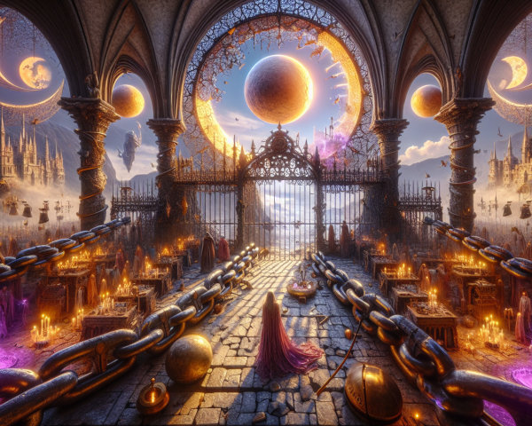 Fantastical Scene with Chains and Mystical Figures