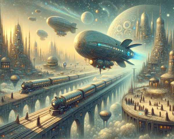 Futuristic Golden Cityscape with Airships and Trains