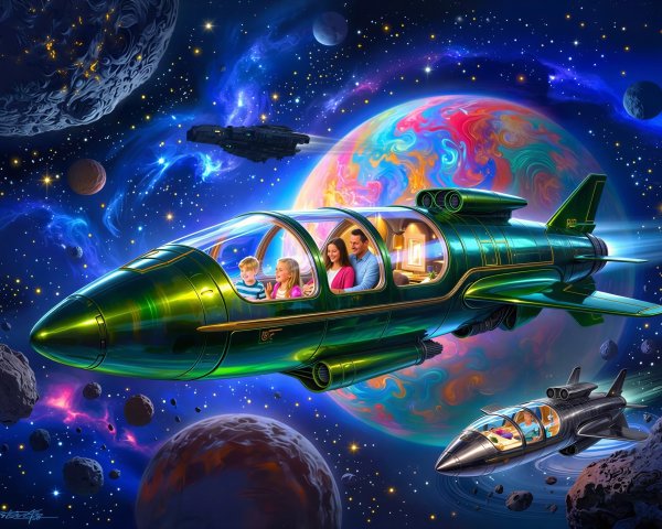 Futuristic Green Spaceship Family in Cosmic Landscape