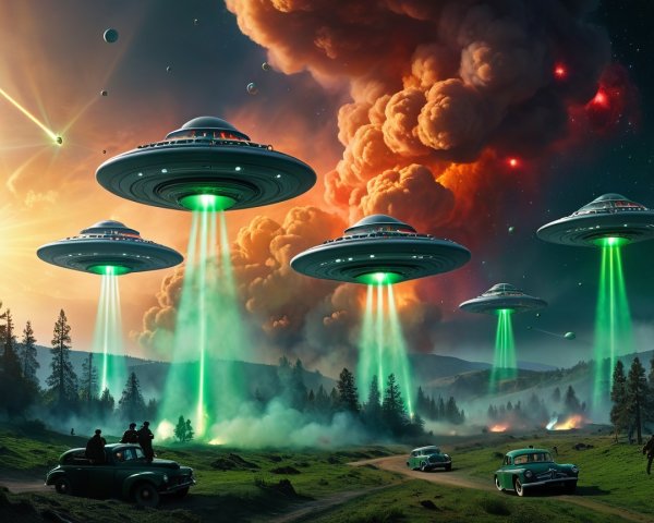 Flying Saucers and Cosmic Landscape Over Forest