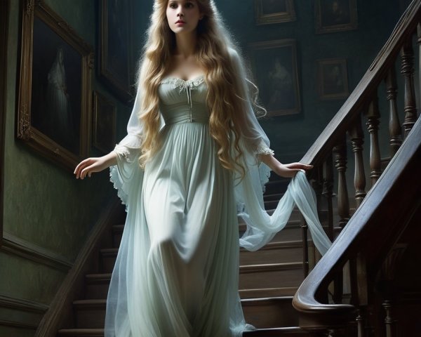 Mysterious Woman in Ethereal Gown on Grand Staircase
