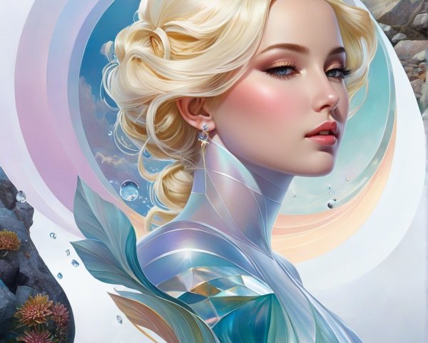Ethereal figure with flowing hair and iridescent garment
