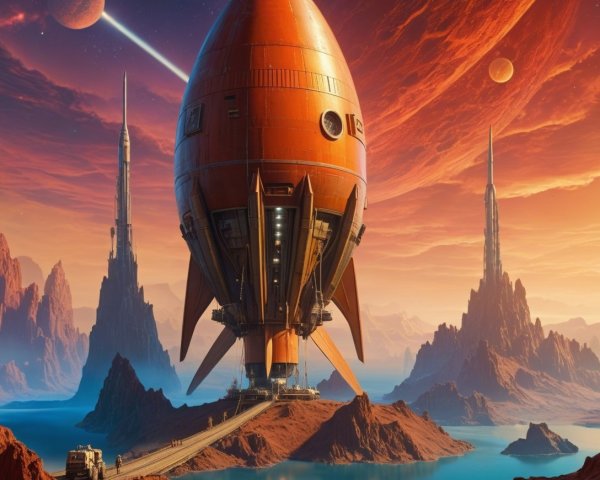 Futuristic Landscape with Retro Rocket and Mountains