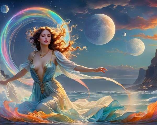 Celestial Woman in Vibrant Waves and Majestic Planets