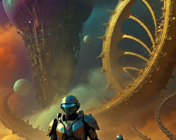 Futuristic Landscape with Humanoid Figures and Space Station