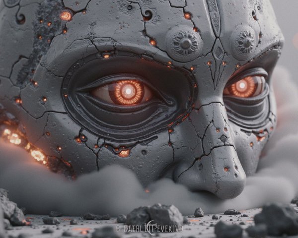 Futuristic robotic face in mist with glowing eyes