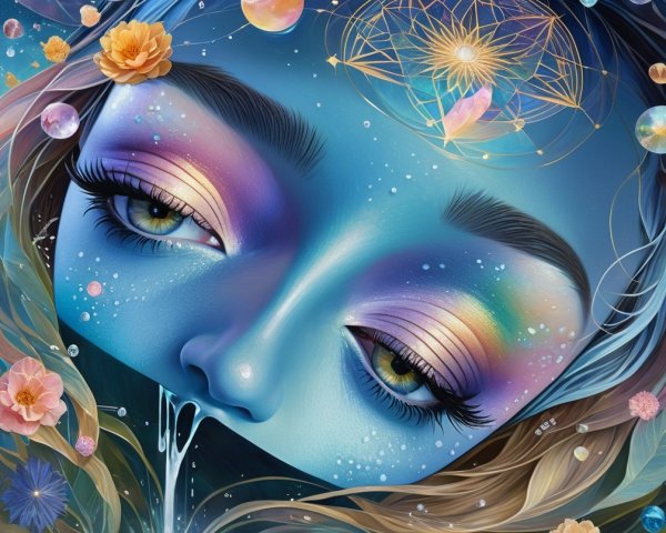 Surreal portrait of a blue-skinned figure with orbs