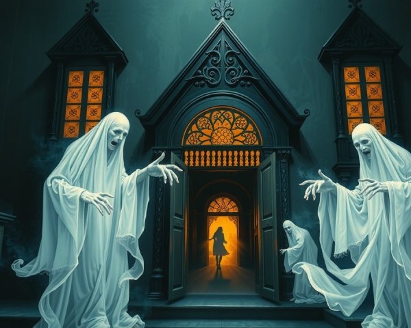 Gothic Doorway with Ghostly Figures and Eerie Atmosphere