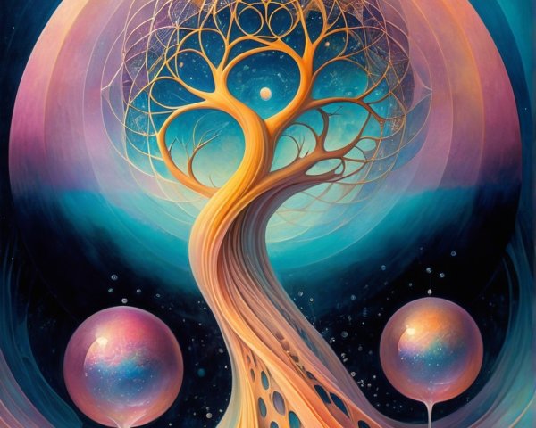 Vibrant Cosmic Tree with Geometric Patterns and Colors