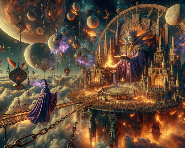 Majestic Celestial Scene with Floating Castles and Beings