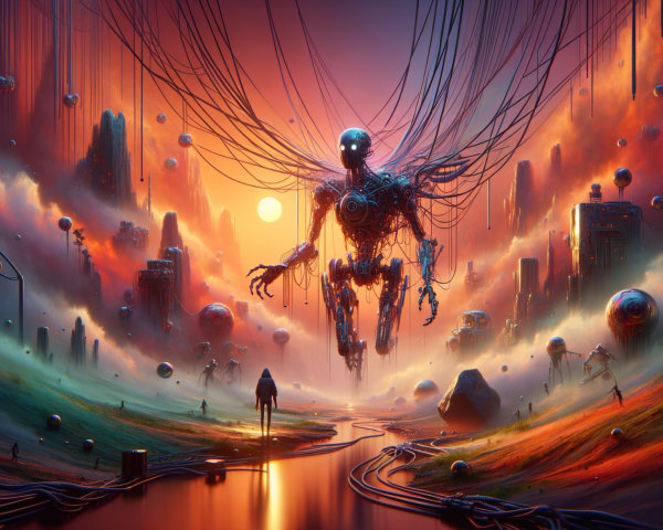 Surreal Landscape with Robotic Figure and Cityscapes