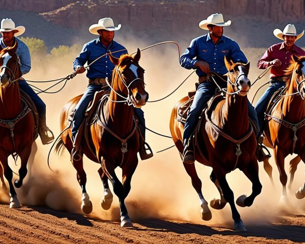 Cowboys Riding Horses in Dusty Landscape with Cliffs