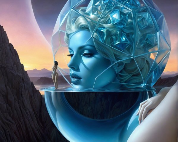 Futuristic Crystal Head Over Serene Water Scene