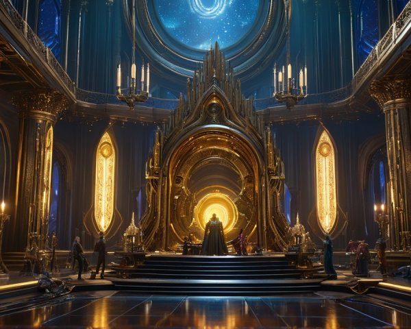 Opulent hall with golden light and majestic throne