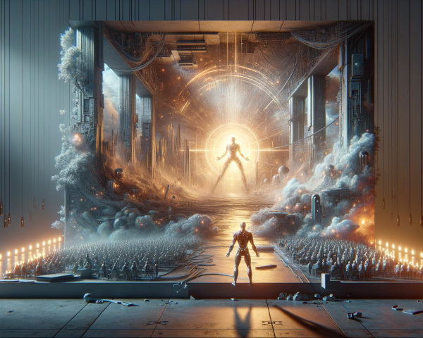 Futuristic Surreal Scene with Portal and Ethereal Figure